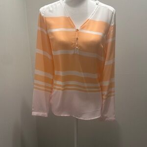 LC Lauren Conrad Peach & White Striped V-Neck Long Sleeve Top